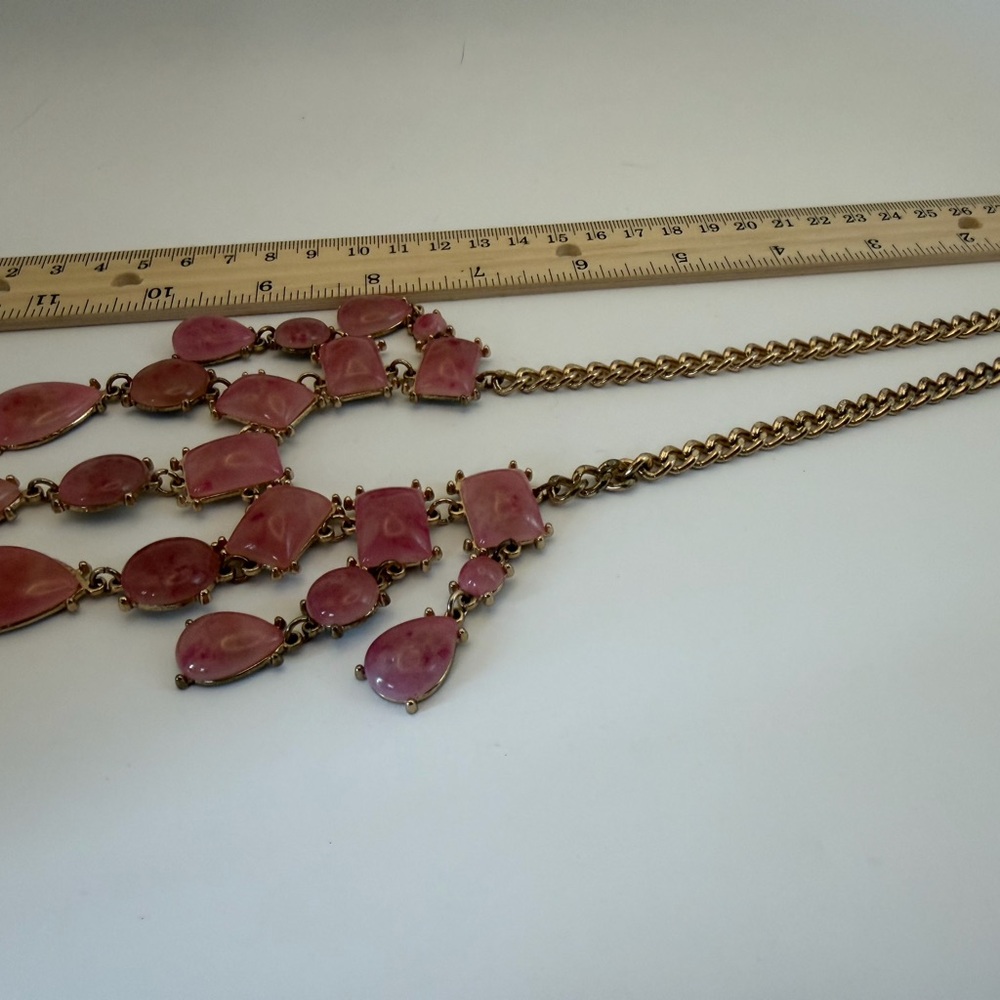 Gold Tone Marbled Pink Lucite Cabochon Statement Necklace - Picture 6 of 7